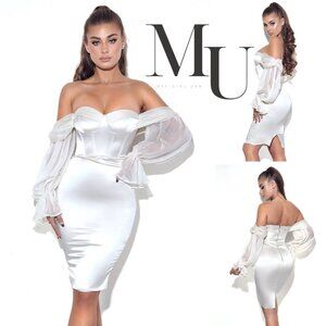 Lydia Pearl White Satin Off Shoulder Puff Sleeve Dress